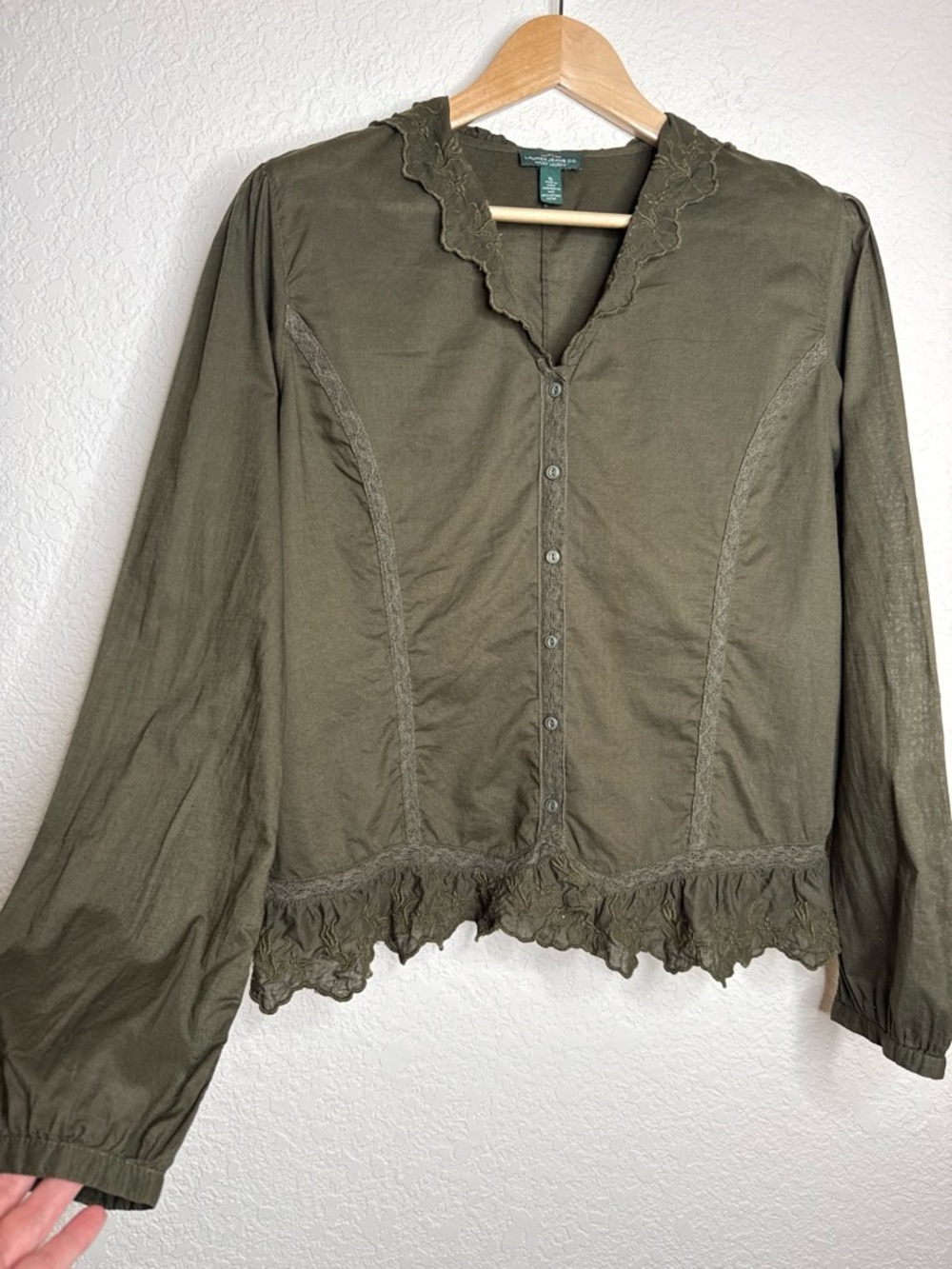 Lauren Jeans Co Ralph Lauren Olive Embroidered Peasant Blouse XL Y2K Vintage